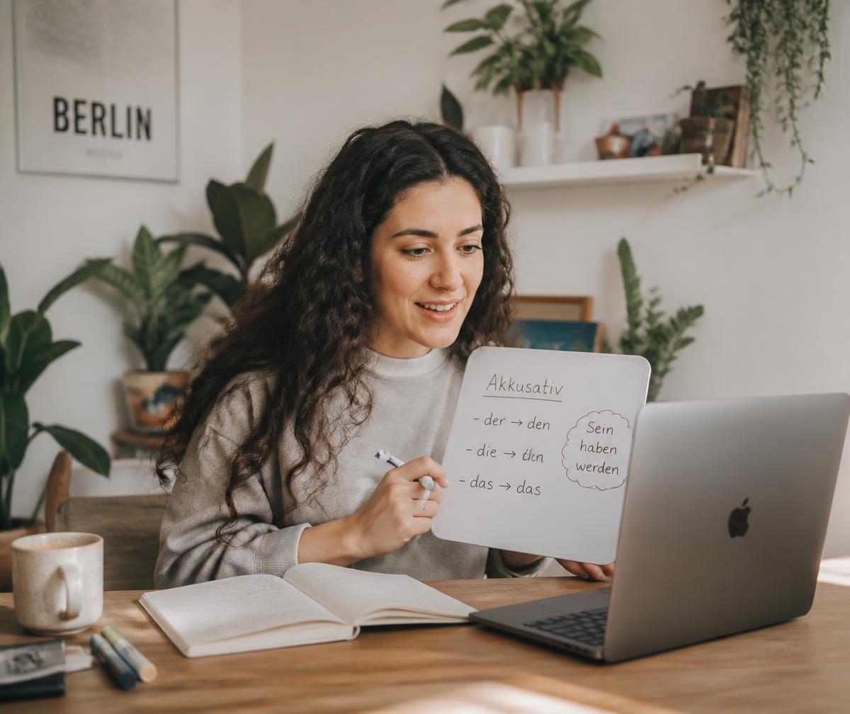 Marina dando una clase de alemán online desde su escritorio